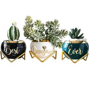 Perabella Set of 3 Planters / Plant Pots - Green / Gold / White with Stands